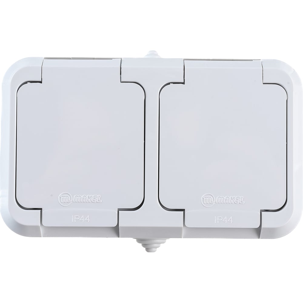 Изображение товара Герметичная розетка с крышкой MAKEL, белая, 2 поста, IP44
