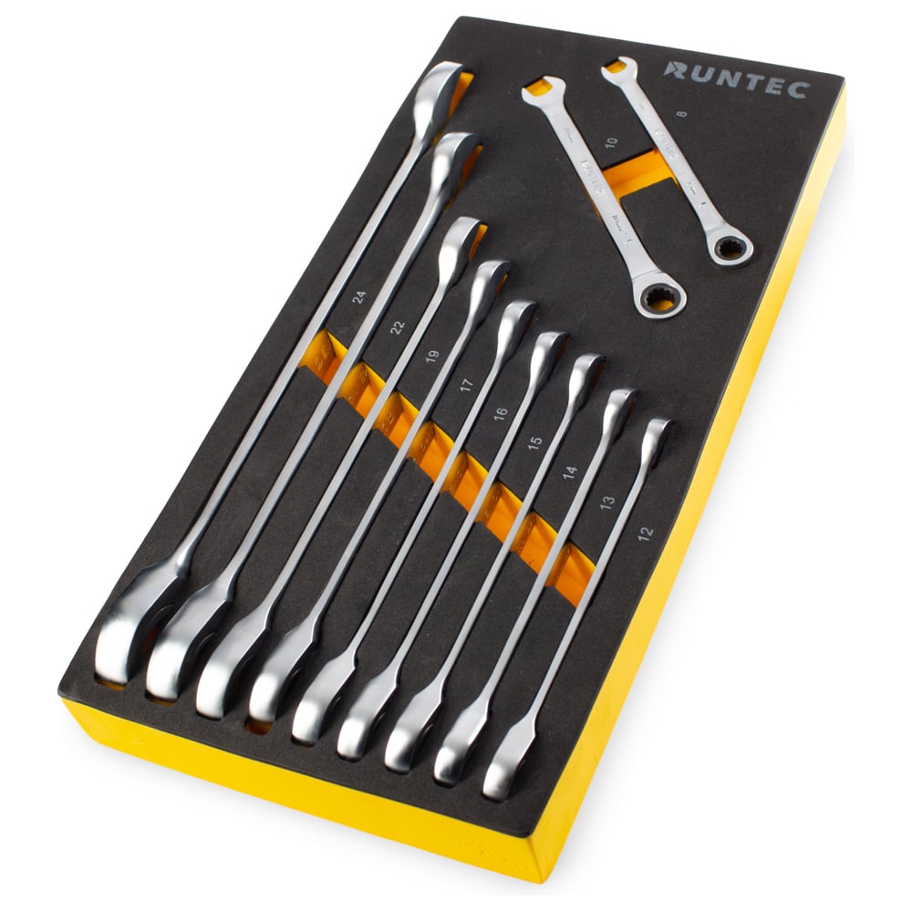 Изображение товара Набор ключей комбинированных трещоточных RUNTEC CrV 8-24 мм в ложементе EVA, 11 предметов RT-WRE11
