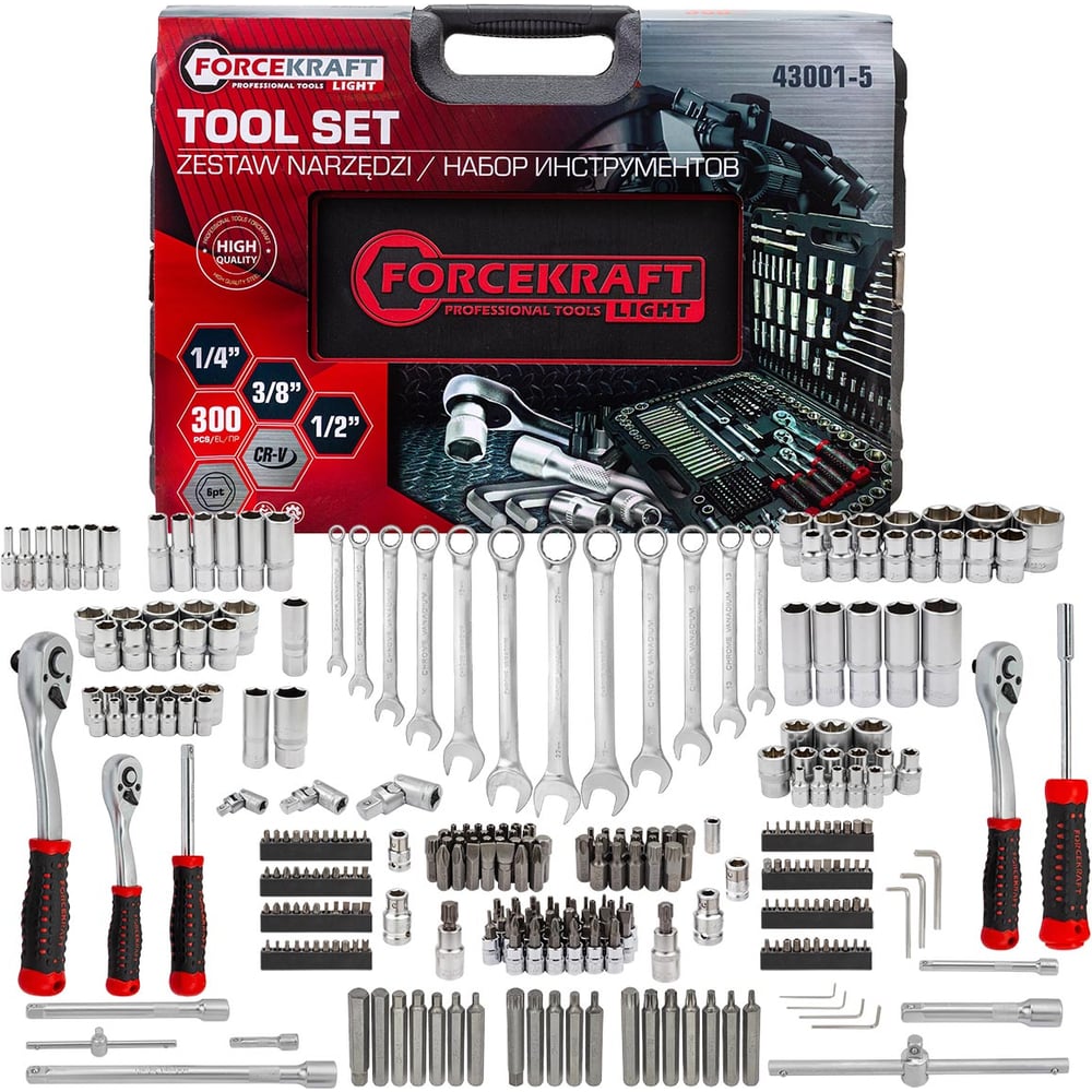 Изображение товара Набор инструментов Forcekraft 300 предметов 1/4, 3/8, 1/2, 6 граней FK LIGHT-43001-5(59639)