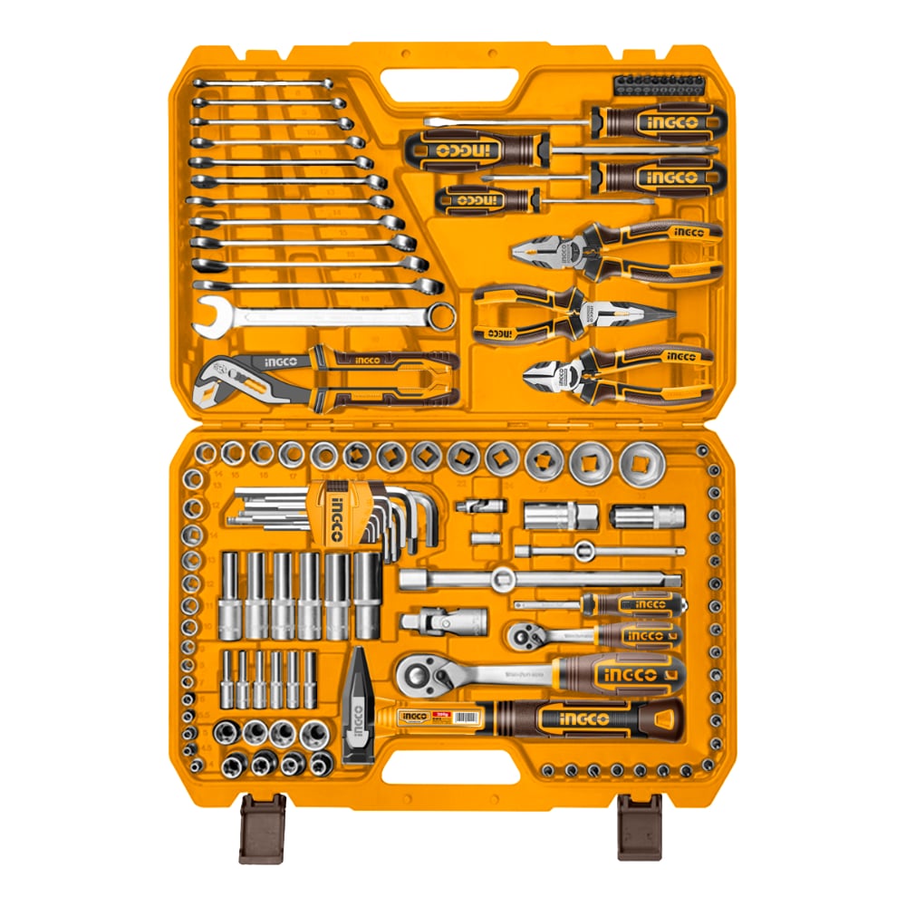 Изображение товара Набор INGCO INDUSTRIAL 137 шт: головки 6-гранные, трещотка, молоток, пассатижи, отвертки и биты