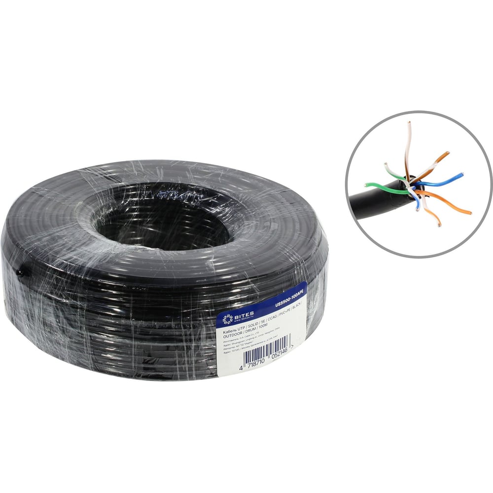Изображение товара Кабель 5Bites UTP / SOLID / 5E / CCAG / PVC+PE / BLACK / OUTDOOR / 100M US5500-100APE
