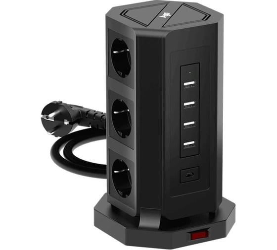 Изображение товара Сетевой фильтр AGNI башня 9 розеток, 3 метра, 4 USB + 1 Type-C 65 Вт, чёрный TP-VD5U9E-C-3m-black