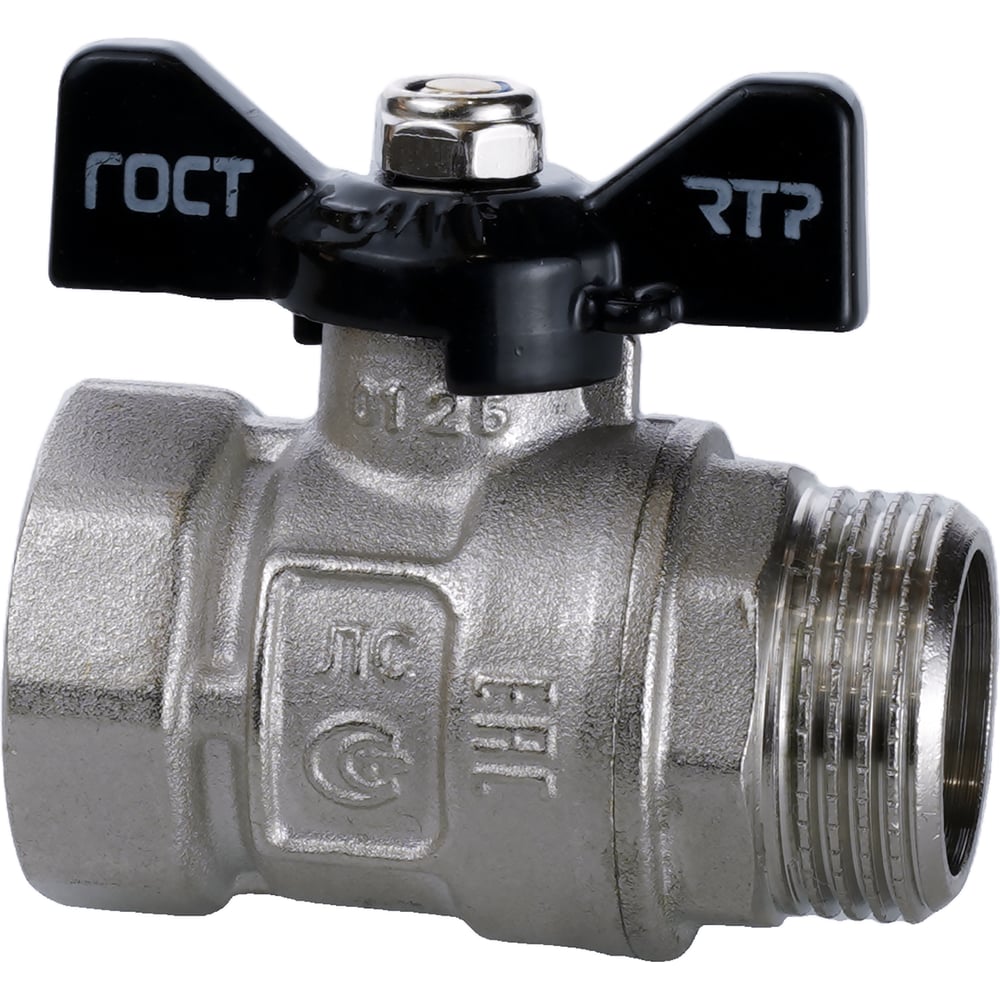 Изображение товара Кран шаровой RTP латунный 1/2F-1/2M PN40 бабочка 16 мм 120°C Изображение товара Кран шаровой RTP латунный 1/2F-1/2M PN40 бабочка 16 мм 120°C