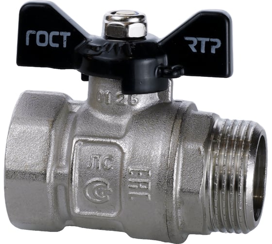 Изображение товара Кран шаровой RTP ГОСТ 1/2'' латунный внутренняя/наружная резьба PN 40, ручка бабочка, 49308