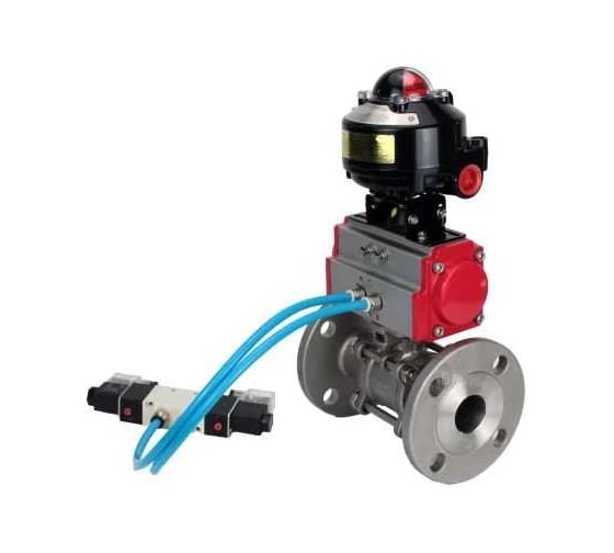 Изображение товара Шаровой кран DN.ru КШФПТ.304.180 Ду32 Ру40, фланц., PTFE, пн.привод SA-083, пн.распред PND1-S2EM-52-2-T08-220VAC, БКВ LSB-510-02ExM12-250 D160-81460