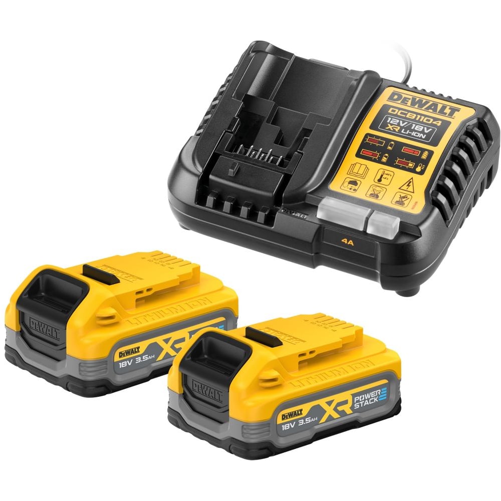 Изображение товара Набор DEWALT DCB1104S2: 2 АКБ POWERSTACK DCBP318, Li-Ion, 18 В, 3.5 Ач и зарядное устройство DCB1104, 12/18 В, 4 A DCB1104S2-QW Изображение товара Набор DEWALT DCB1104S2: 2 АКБ POWERSTACK DCBP318, Li-Ion, 18 В, 3.5 Ач и зарядное устройство DCB1104, 12/18 В, 4 A DCB1104S2-QW