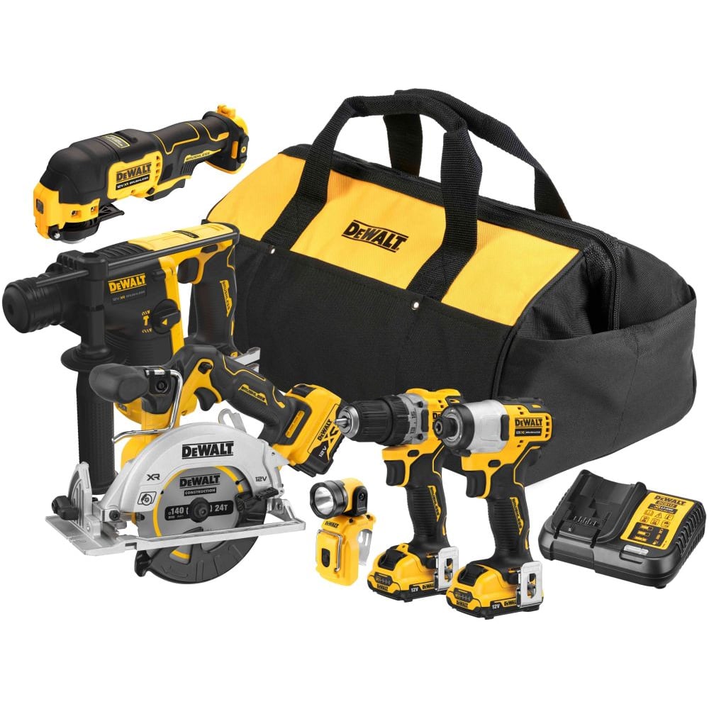 Изображение товара Аккумуляторный набор Dewalt DCK611P1D2, 12 В: дрель + шуруповерт + перфоратор + пила + реноватор + фонарь, с 3 АКБ и ЗУ, в сумке DCK611P1D2-QW