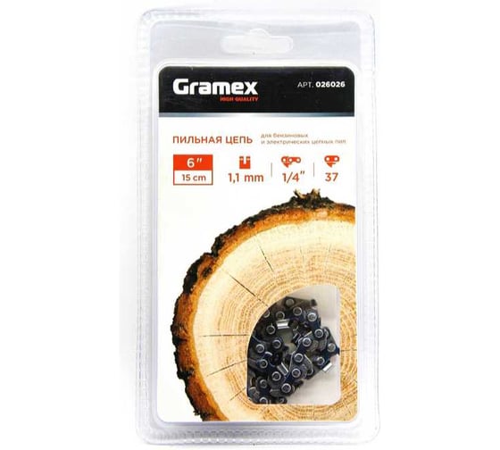 Изображение товара Цепь пильная Gramex SEMI CHISEL (1/4 LP, 1,1 мм, 37 звеньев, блистер, для аккумуляторных минипил) 026026