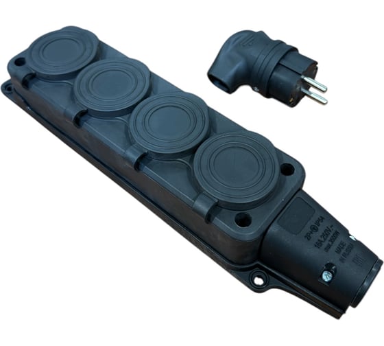 Изображение товара Комплект каучуковая кабельная колодка NVO 4 гнезда с заземлением и крышкой 16А IP54 + вилка угловая цвет черный (модель РК+ВК) NVO-KI-COMBI-K-4-VU-16-54-BLACK