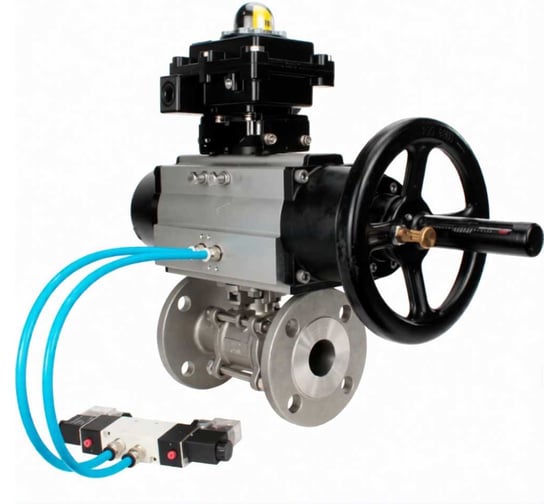 Изображение товара Кран шаровой DN.ru КШФПТ.304.180 Ду100 Ру16, фланц. 22х22, WDVF, пневмопривод DA-105-1, пневмораспределитель PND1-S2EM-52-2-T10-220VAC, БКВ LSB-410-02ExM12-250 D160-81032