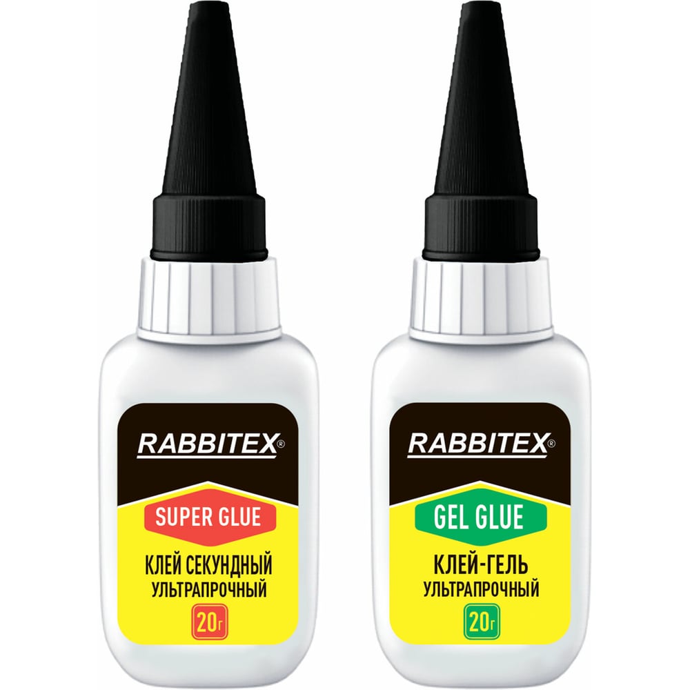 Изображение товара Клей-Гель + Суперклей секундный RABBITEX УЛЬТРАПРОЧНЫЙ, МАКСИМАЛЬНЫЙ ОБЪЕМ набор 2х20 грамм, 609806