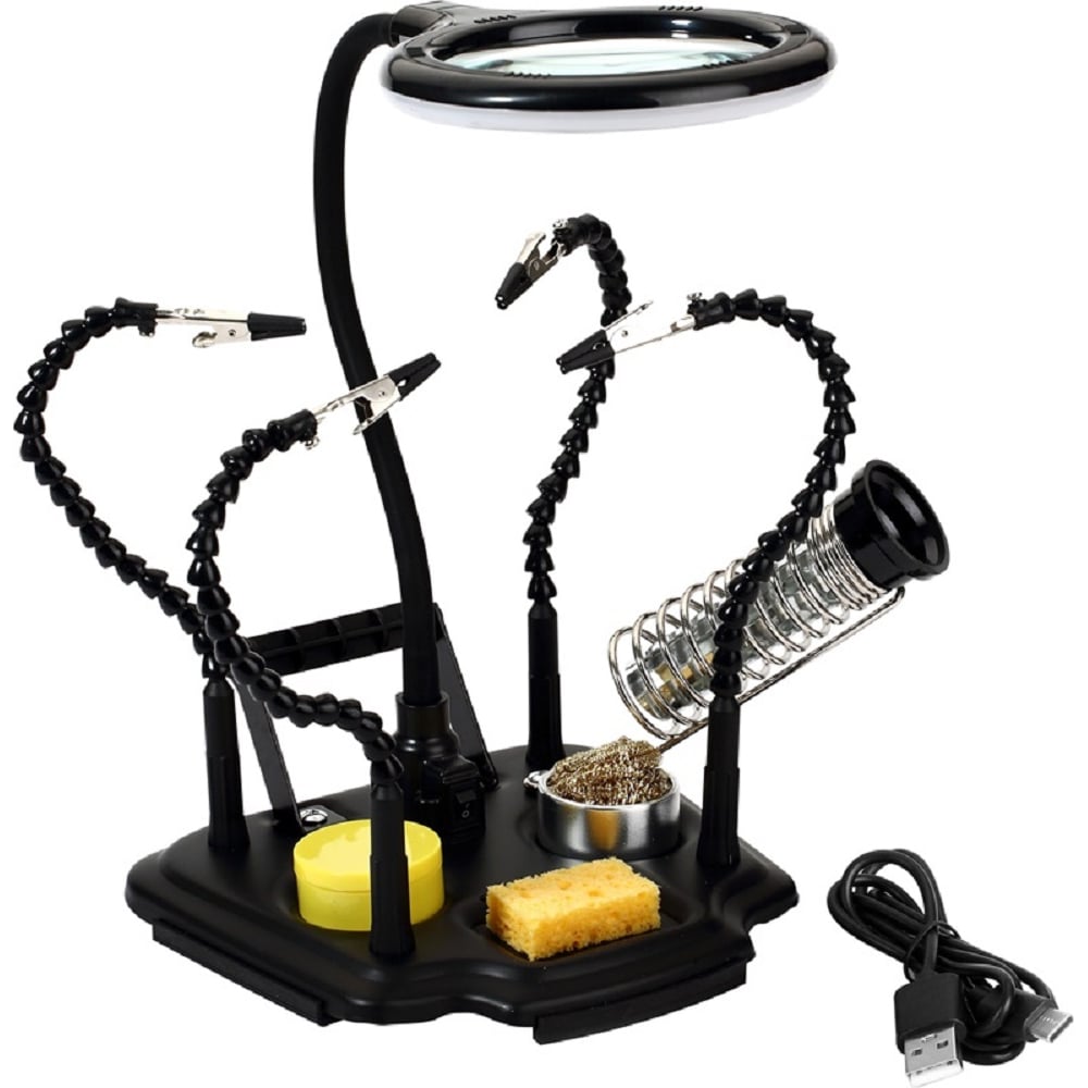 Изображение товара Зажим настольный Zhongdi ZD-11M-4 вспомогательный третья рука с лупой со светодиодной подсветкой, держателями паяльника и припоя и USB разъемом 87-0158 00-00017264