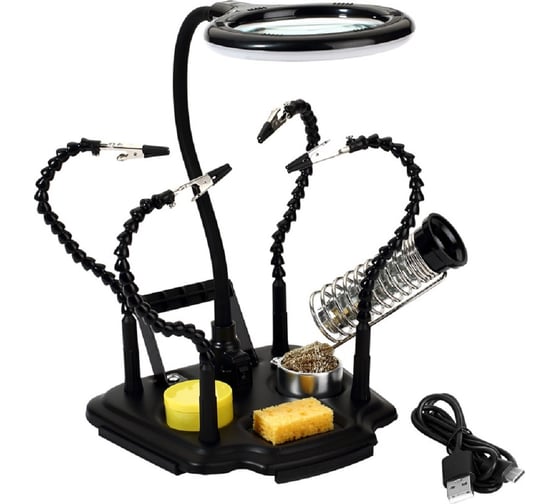 Изображение товара Зажим настольный вспомогательный третья рука Zhongdi ZD-11M-4 с лупой со светодиодной подсветкой, держателями паяльника и припоя и USB разъемом 87-0158 00-00017264