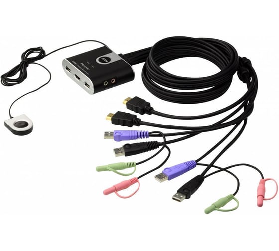 Изображение товара Переключатель ATEN switch, электрон, HDMI+KBD+MOUSE+AUDIO, 1 2 компьютера/блока/порта/port USB, со встр. KVM-шнурами USB+Audio 2x1.2м CS692-AT