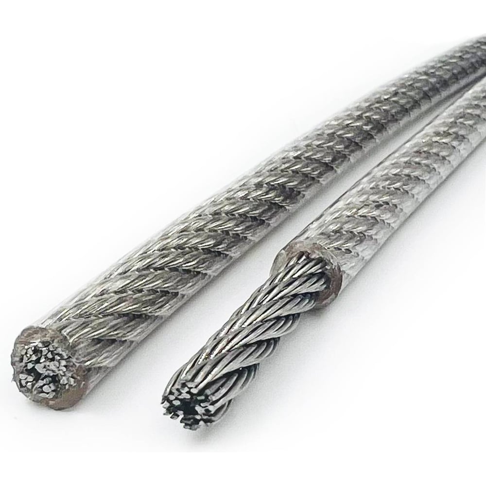 Изображение товара Трос нержавеющий KREPFIELD 4,0/5,0 мм сталь А4 плетение 7х7 средней мягкости в ПВХ оплетке 250 метров 814593А4ТРОС4,0х5,0ММ-250