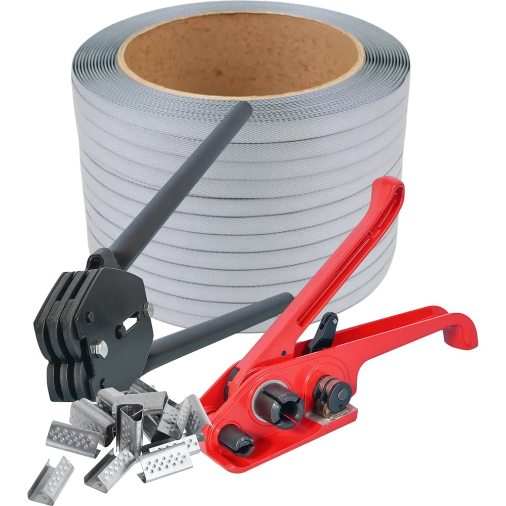 Изображение товара Набор ПАРТНЕРПАК Профи 19, натяжитель + клещи + лента ПП серая 19 мм, 1 мм, 500 м + скрепа 19 мм, 500 шт. ВИ-ПрофиСК19 ВИ-Профи19 ВИ-2662/Профи19