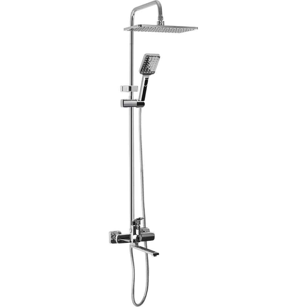 Изображение товара Смеситель + стойка душевая FABIA тропический душ хромированный, с двумя лейками, с длинным изливом, корпус - латунь 9675