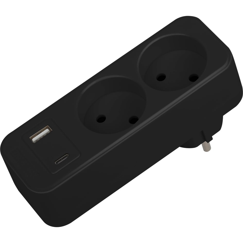Разветвитель электрический Intro TR-2-2USB-B на 2 розетки + 2USB A+C 10А черный Б0069078