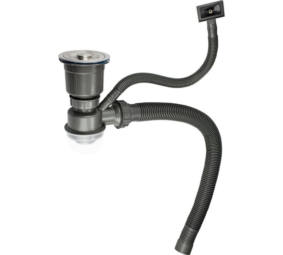 Изображение товара Сифон для мойки FABIA большая горловина с переливом, с отводом под сливной шланг и со съёмной корзинкой для мусора 8733