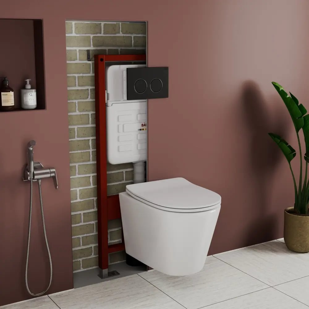 Комплект Bauedge BAU 6 в 1: усиленная инсталляция BAU IDEAL, унитаз подвесной безободковый Bau Nimb Hurricane смыв торнадо, быстросъемное тонкое сиденье дюропласт микролифт, клавиша BAU Round, черная матовая E458103-BK0001-HQ-E00115