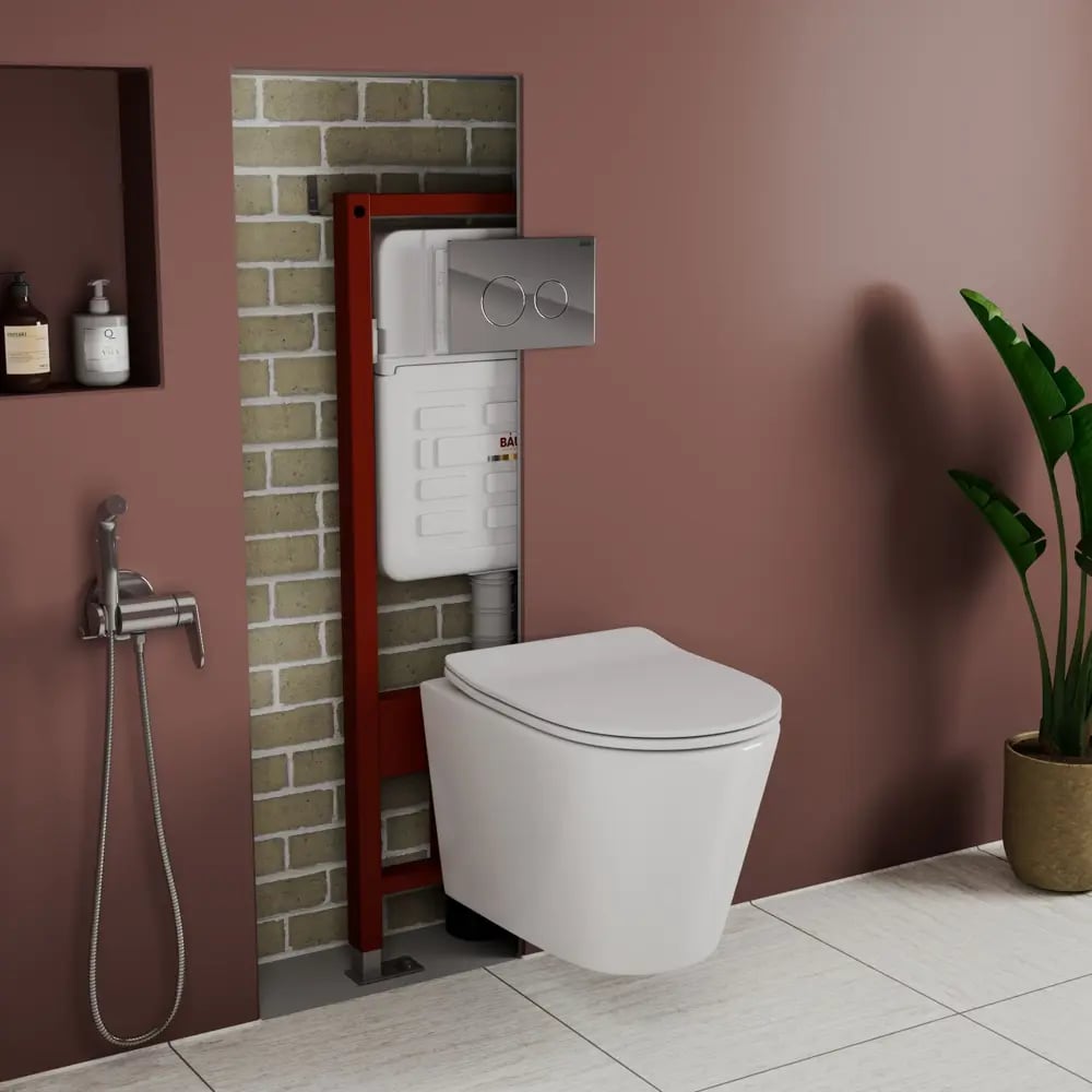 Комплект Bauedge BAU 6 в 1: усиленная инсталляция BAU IDEAL, унитаз подвесной безободковый Bau Nimb Hurricane смыв торнадо, быстросъемное тонкое сиденье дюропласт микролифт, клавиша BAU Wheel нерж. сталь хром E458103-BK0001-HQ-E00117