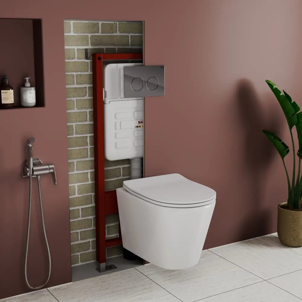 Комплект Bauedge BAU 6 в 1: усиленная инсталляция BAU IDEAL, унитаз подвесной безободковый Bau Nimb Hurricane смыв торнадо, быстросъемное тонкое сиденье дюропласт микролифт, клавиша BAU Round, хром E458103-BK0001-HQ-E00113