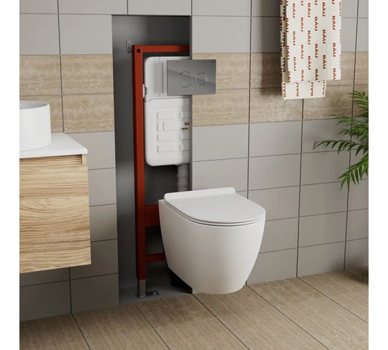 Изображение товара Комплект Bauedge BAU 6 в 1: усиленная инсталляция BAU IDEAL, унитаз подвесной безободковый Bau Dream 53, сиденье дюропласт микролифт, клавиша BAU Wheel антивандальная, нерж. сталь хром E458103-BL0002-E00117