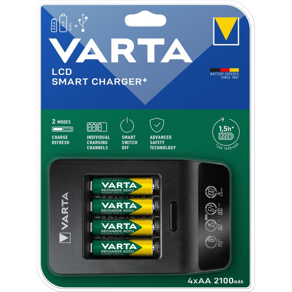 Изображение товара Зарядное устройство Varta LCD Smart Charger+ 4 к батареям AA/AAA (Ni-Mh) with ЖК дисплей