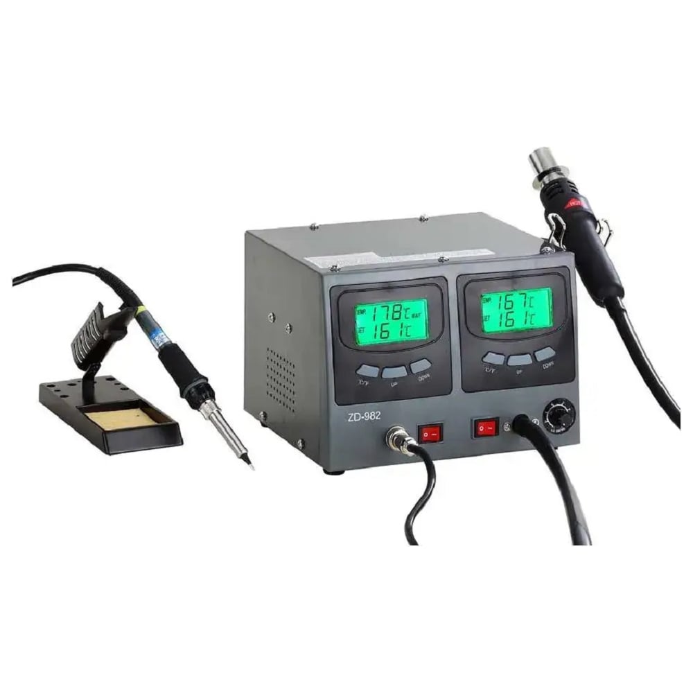 Изображение товара Паяльная станция цифровая двухканальная термовоздушная Zhongdi ZD-982 паяльник 60Вт, фен 24л/мин, 4 насадки, LED-индикация, антистатическая защита 89-8212 00-00017242