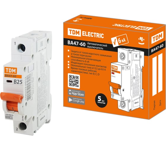 Изображение товара Автоматический выключатель TDM ELECTRIC ВА47-60 1Р 25А 6кА характеристика В SQ0223-0012