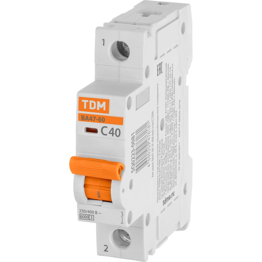 Изображение товара Автоматический выключатель TDM ELECTRIC ВА47-60 40А 1Р 6кА на DIN-рейку