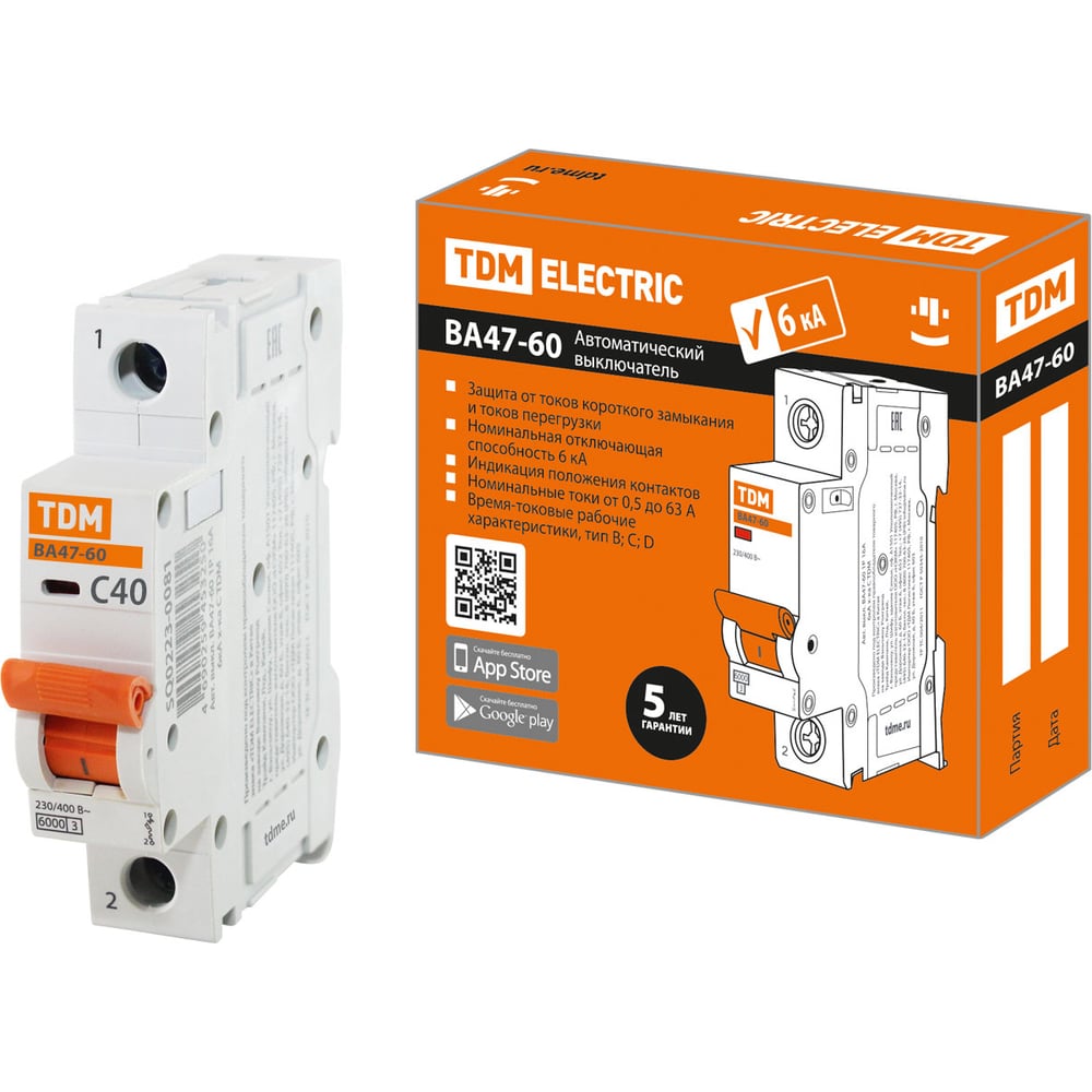 Изображение товара Автоматический выключатель TDM ELECTRIC ВА47-60 40А 1Р 6кА на DIN-рейку