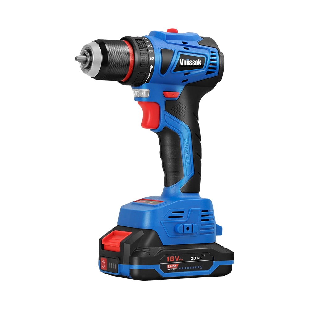 Изображение товара Аккумуляторный бесщеточный шуруповерт Vniissok V-18, 18 В, Li-ion, 2 аккумулятора 2,0 А·ч, 40 Нм, зарядное устройство, 0,8-10 мм, магнитная бита, в кейсе V0018