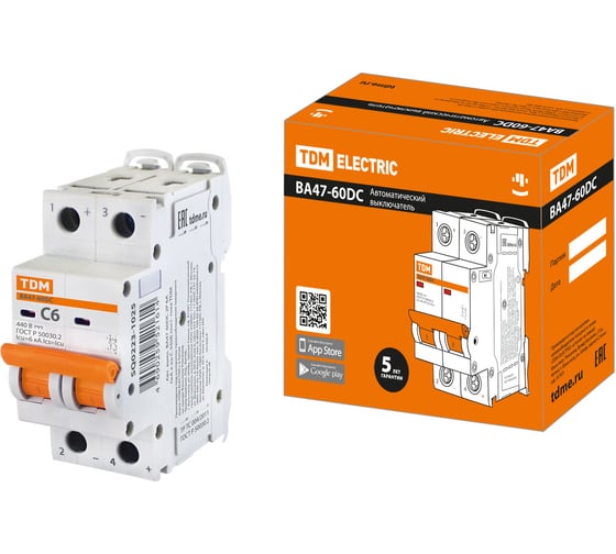 Изображение товара Автоматический выключатель TDM ELECTRIC ВА47-60DC 2P 6А 6кА характеристика С SQ0223-1025
