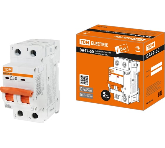 Изображение товара Автоматический выключатель TDM ELECTRIC ВА47-60 2Р 50А 6кА характеристика С SQ0223-0098
