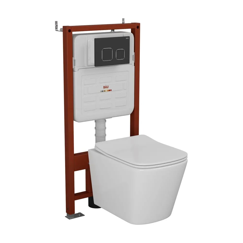 Комплект Bauedge BAU 6 в 1: инсталляция BAU PRO для подвесного унитаза, унитаз подвесной безободковый вихревой со скрытым сливом Bau Stil Hurricane-5, сиденье быстросъемное микролифт, клавиша BAU Strike, черная матовая E458103-BS0001-HQ5-E00103