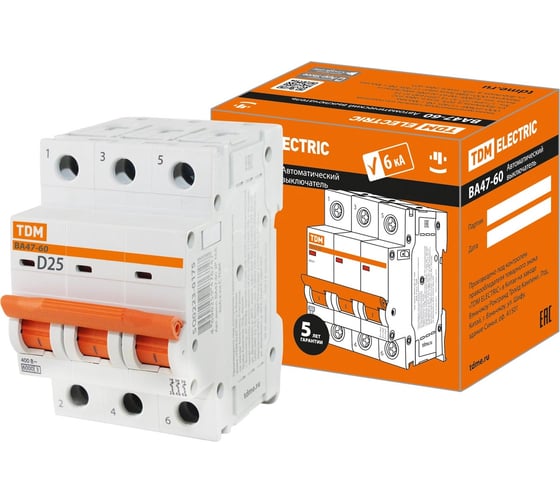Изображение товара Автоматический выключатель TDM ELECTRIC ВА47-60 3Р 25А 6кА характеристика D SQ0223-0175
