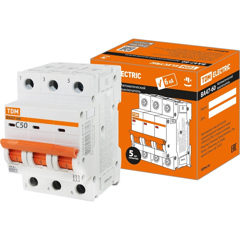 Изображение товара Автоматический выключатель ВА47-60 3Р 50А 6кА TDM ELECTRIC