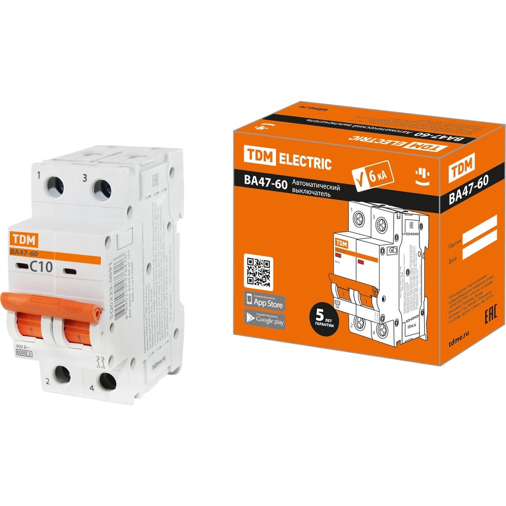 Изображение товара Автоматический выключатель TDM ELECTRIC ВА47-60 2Р 10А 6кА