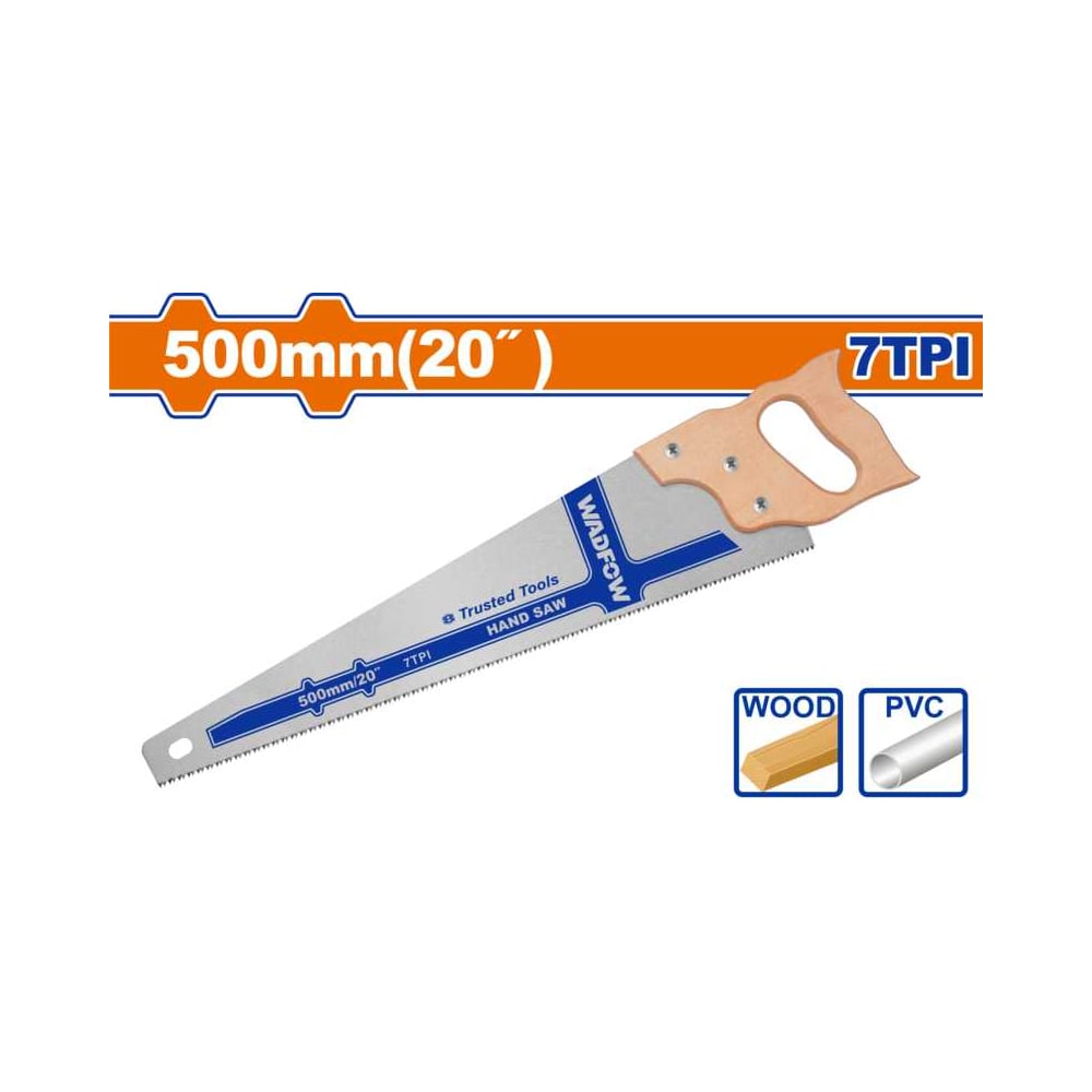 Изображение товара Ножовка по дереву WADFOW 500 мм 7TPI для дерева и пластика