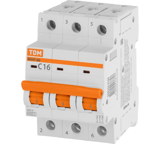 Изображение товара Автоматический выключатель TDM ELECTRIC ВА47-60 3Р 16А 6кА х-ка С SQ0223-0109