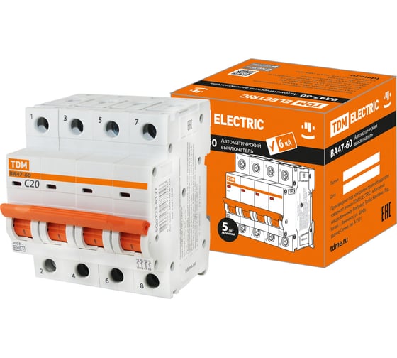 Изображение товара Автоматический выключатель TDM ELECTRIC ВА47-60 4Р 20А 6кА характеристика С SQ0223-0126