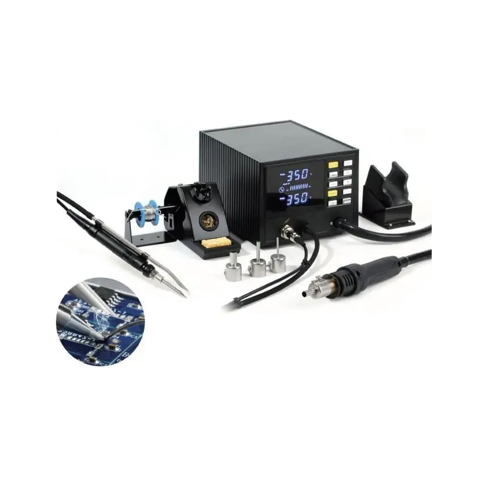 Изображение товара Паяльная станция цифровая двухканальная термовоздушная Zhongdi ZD-8966 с дымоуловителем (паяльник 70Вт, фен 24л/мин, 4 насадки, LED-индикация, антистатическая защита) 89-6602 Z 00-00017223