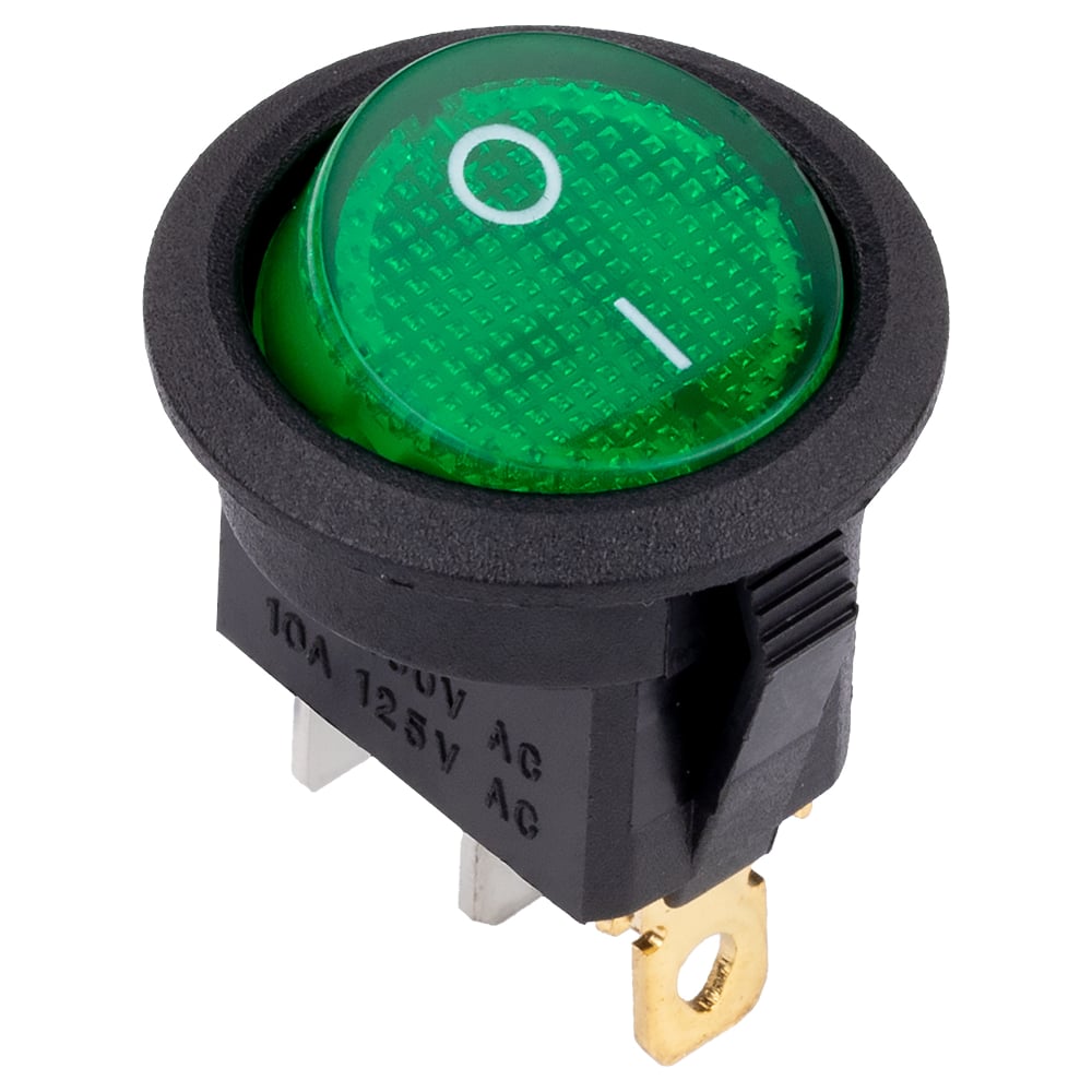 Изображение товара Выключатель клавишный круглый Smartbuy 250В 6А (3с) ON-OFF зеленый с подсветкой SBE-06-S30g