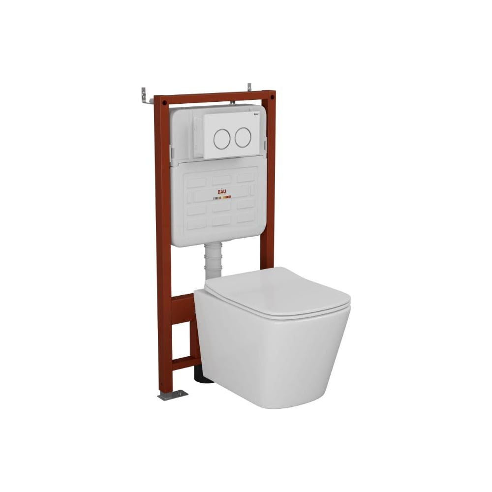 Комплект Bauedge BAU 6 в 1: усиленная инсталляция BAU IDEAL, унитаз подвесной безободковый вихревой Bau Stil Hurricane, быстросъемное тонкое сиденье дюропласт микролифт, клавиша BAU Round, белый/хром E458103-BS0001-HQ-E00116