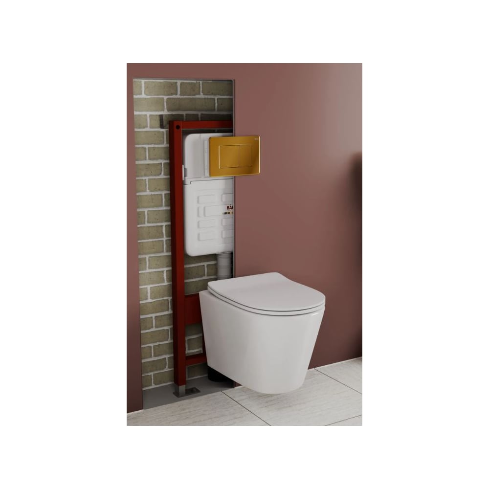 Комплект Bauedge BAU 6 в 1: усиленная инсталляция BAU IDEAL, унитаз подвесной безободковый Bau Nimb Hurricane смыв торнадо, быстросъемное тонкое сиденье дюропласт микролифт, клавиша нерж. сталь золото E458103-BK0001-HQ-E00108