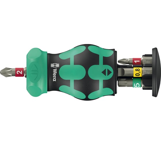 Изображение товара Короткая отвёртка-битодержатель WERA с трещоткой, с битами, 6 пр., 1/4 C 6.3 PH 1/2, SL 5.5, TX 15/20/25 WE-008891
