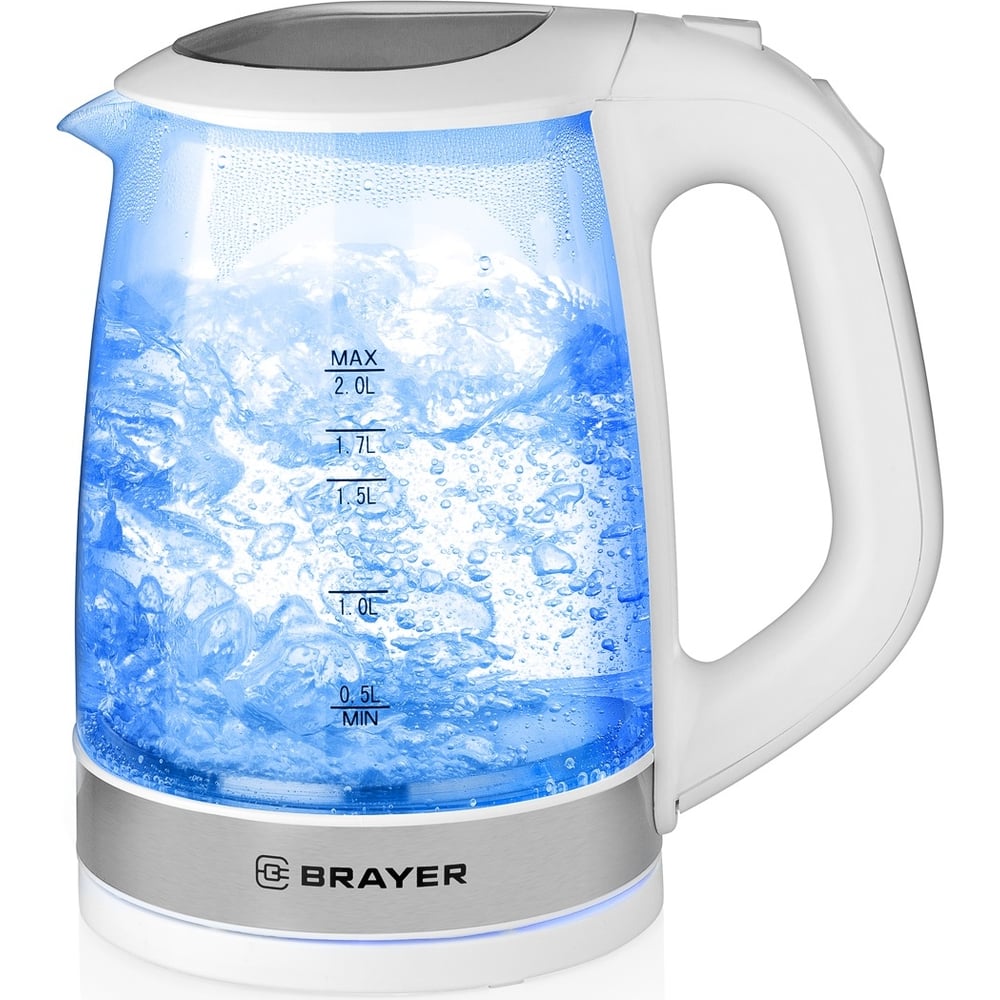 Изображение товара Электрический стеклянный чайник BRAYER 2200 Вт, 2 л, белый BR1040WH