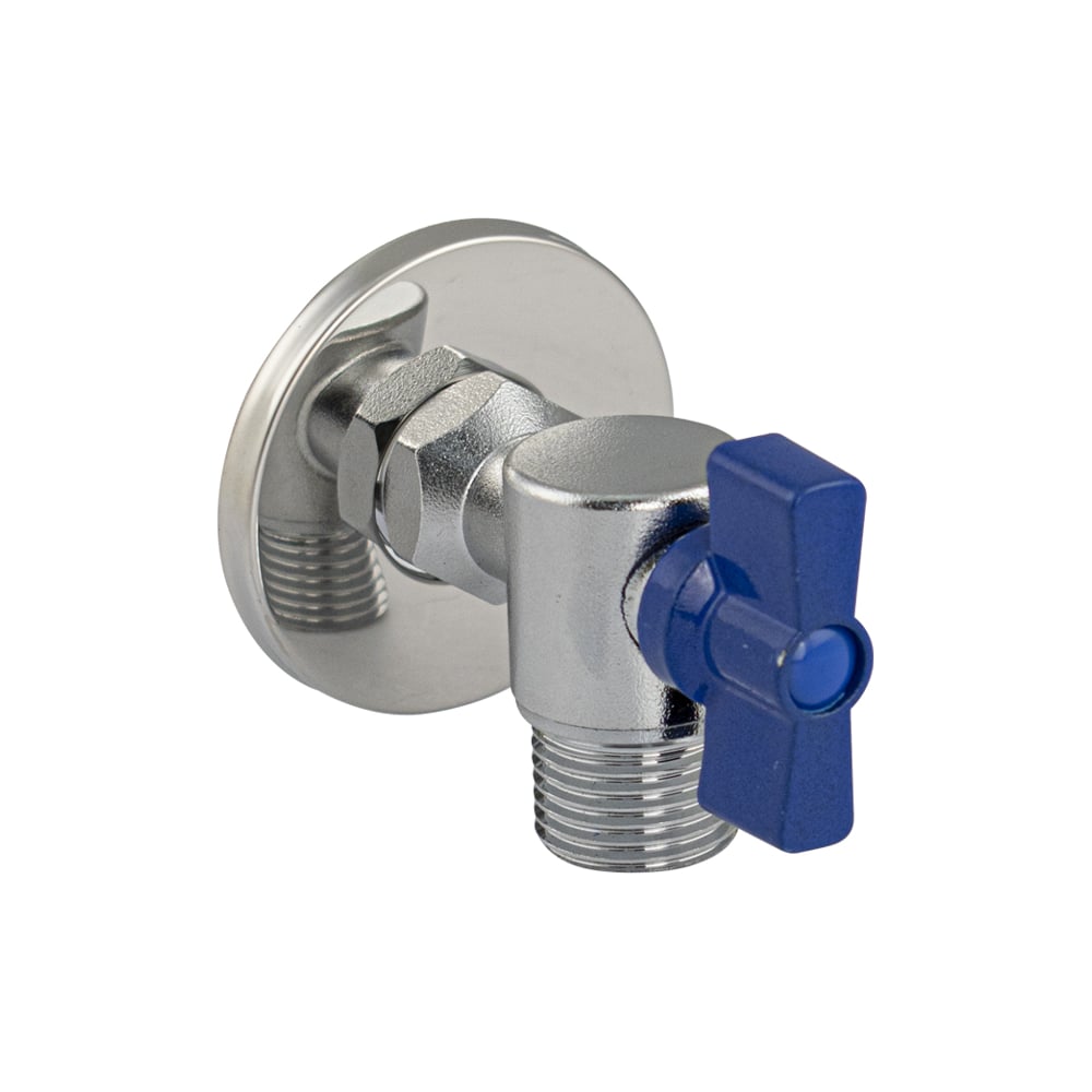 Изображение товара Кран шаровый МАГНУС угловой 1/2х1/2 Санакс под ключ, с отражателем, из нержавеющей стали марки SUS 304, синяя ручка 9268-C