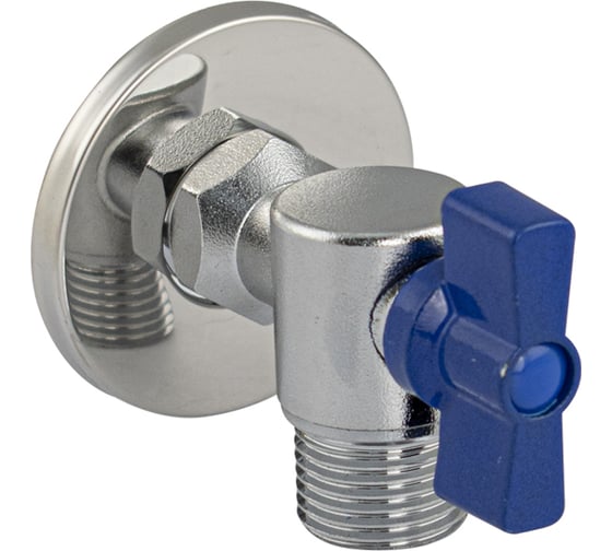 Изображение товара Кран шаровый МАГНУС угловой 1/2х1/2 Санакс под ключ, с отражателем, из нержавеющей стали марки SUS 304, синяя ручка 9268-C